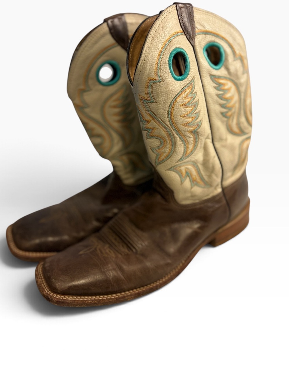 Justin Men’s Size 12 D Brown Leather Cowboy Boots Western Turquoise Embroidered